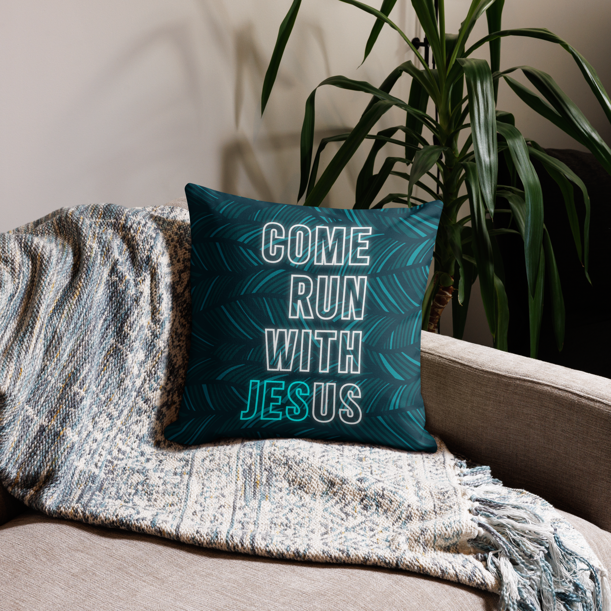 Come Run With Jesus Neon Blue Premium Pillow