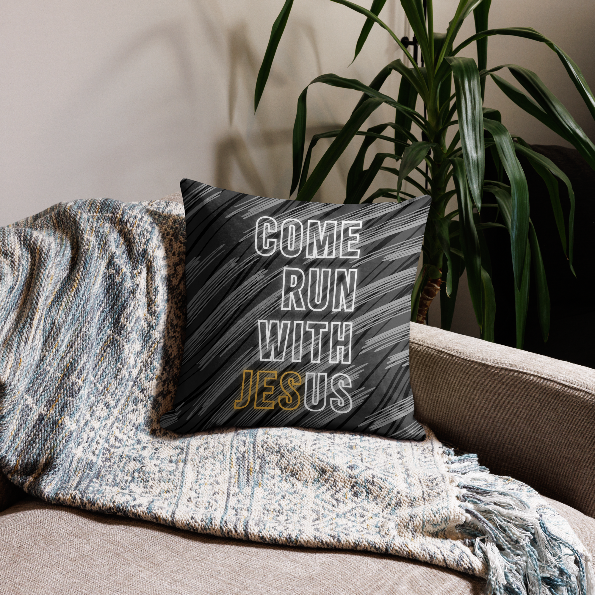 Come Run With Jesus Gold Premium Pillow
