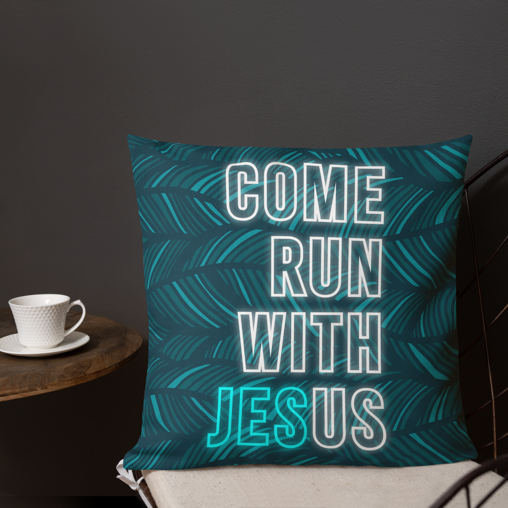 Come Run With Jesus Neon Blue Premium Pillow