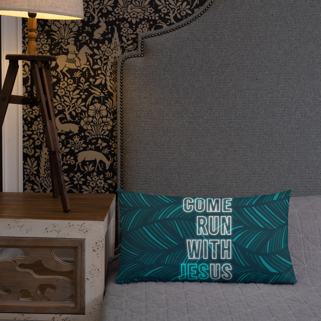 Come Run With Jesus Neon Blue Premium Pillow
