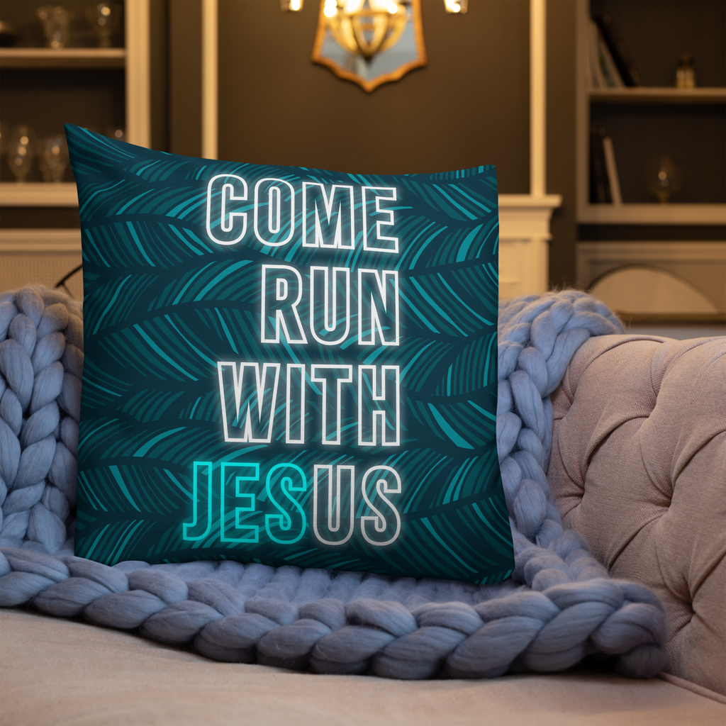 Come Run With Jesus Neon Blue Premium Pillow