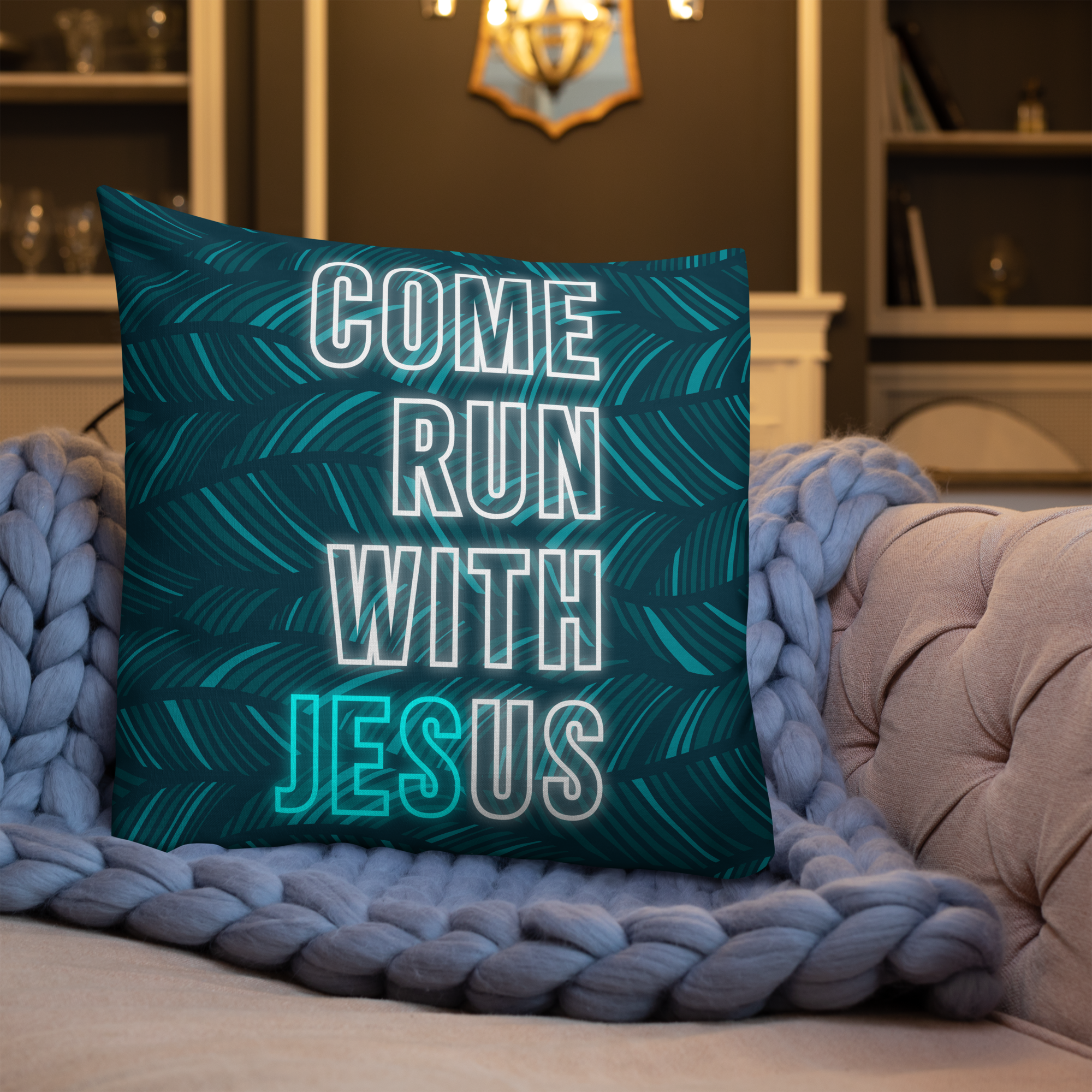 Come Run With Jesus Neon Blue Premium Pillow