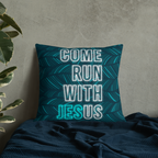 Come Run With Jesus Neon Blue Premium Pillow
