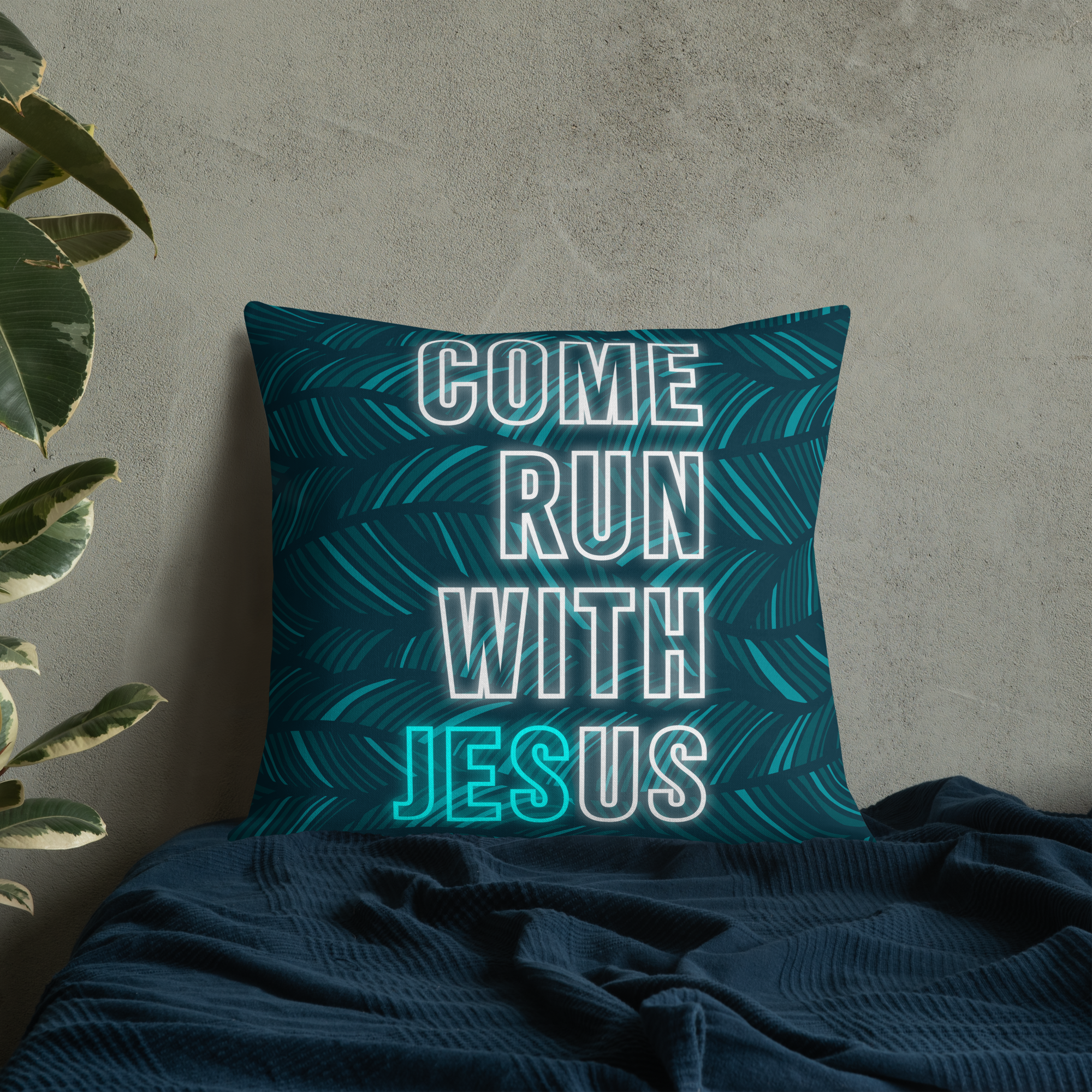 Come Run With Jesus Neon Blue Premium Pillow