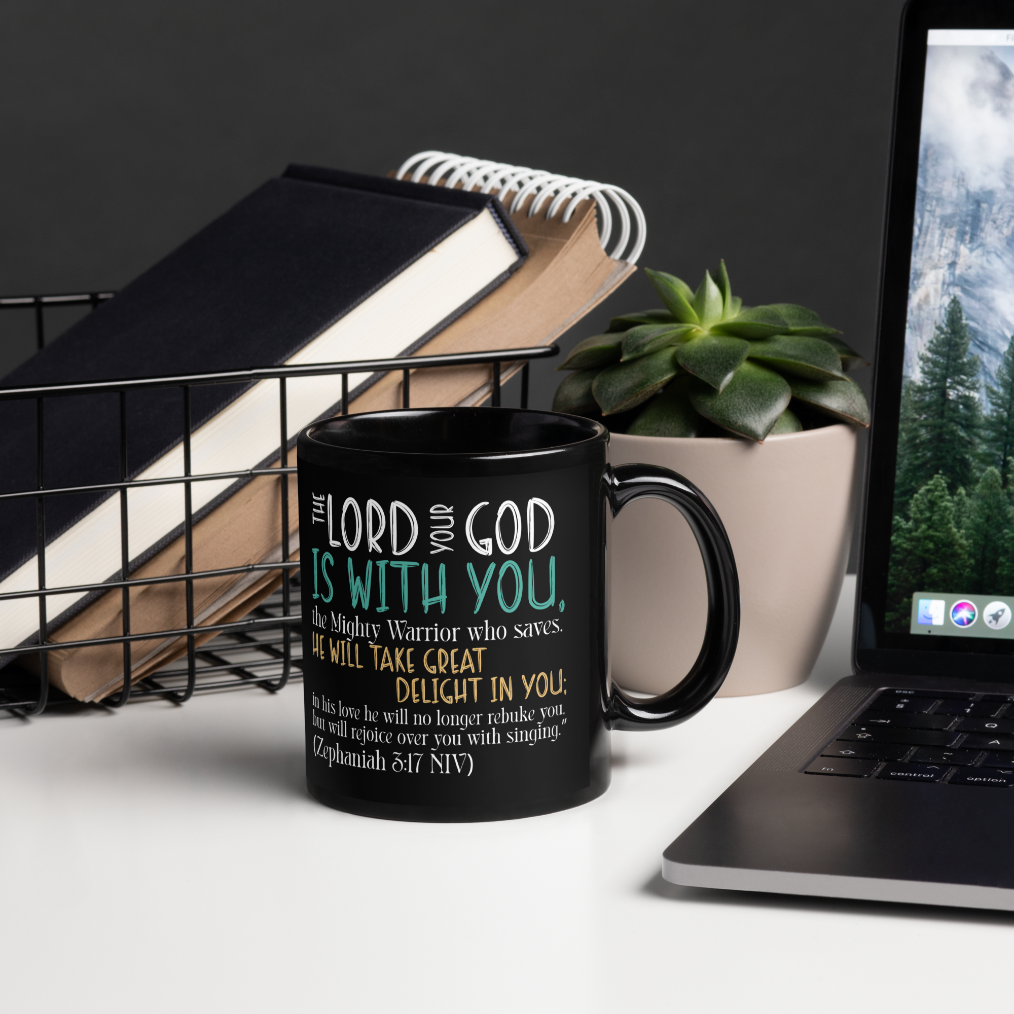 Rejoice in His Love: Zephaniah 3:17 Black Glossy Mug (11 oz / 15 oz)