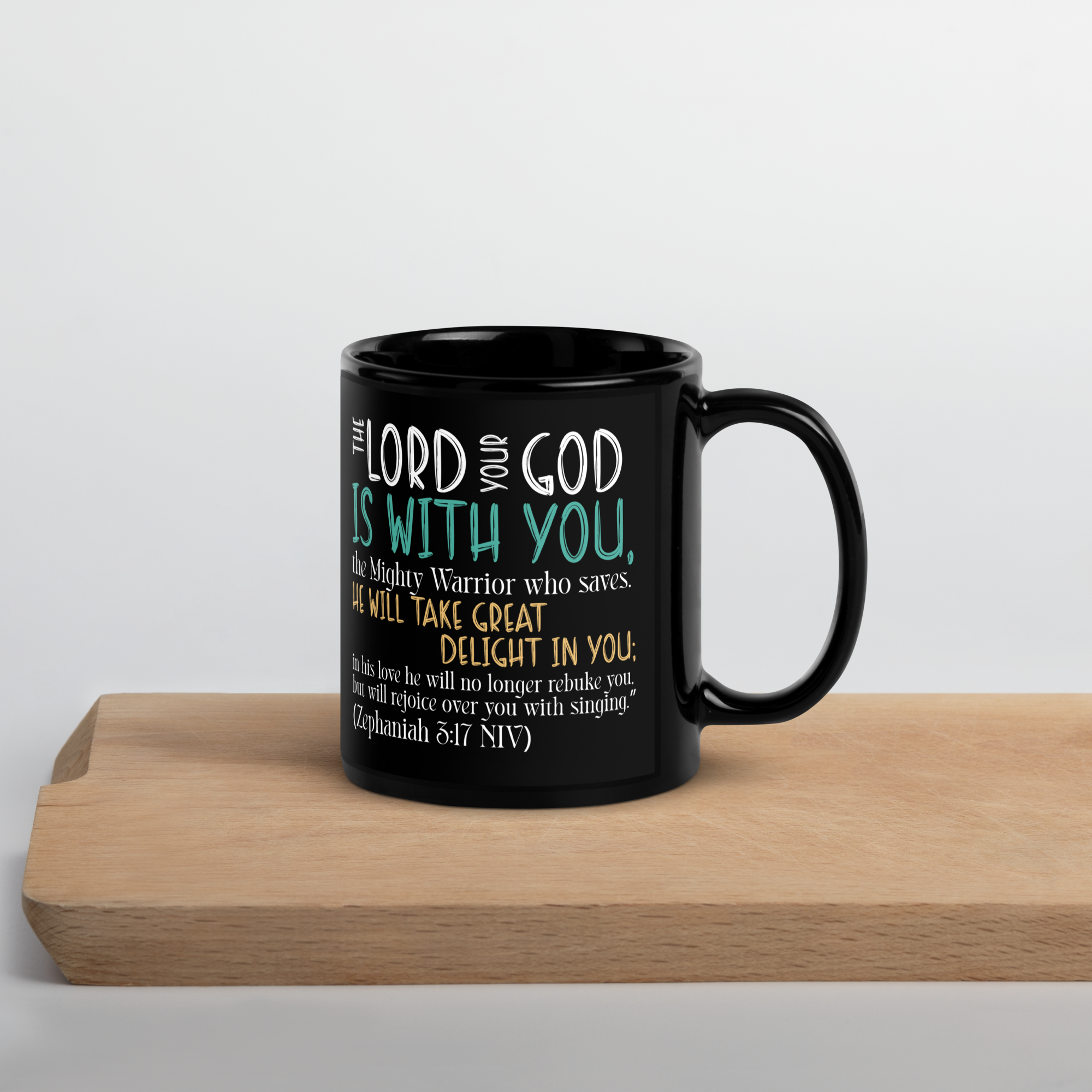 Rejoice in His Love: Zephaniah 3:17 Black Glossy Mug (11 oz / 15 oz)