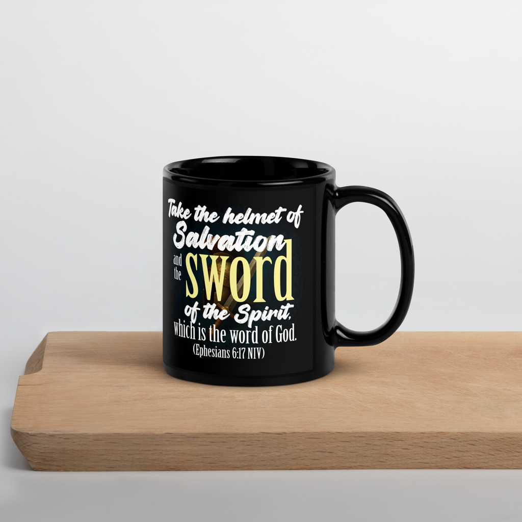 Sword & Salvation: Ephesians 6:17 Black Glossy Mug (11 oz / 15 oz)