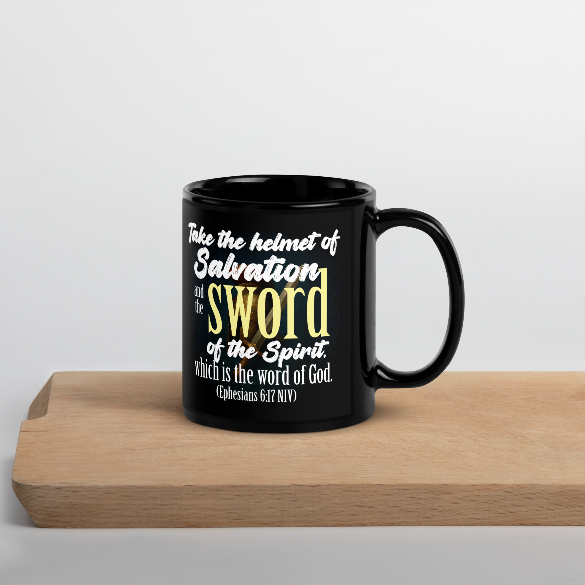 Sword & Salvation: Ephesians 6:17 Black Glossy Mug (11 oz / 15 oz)