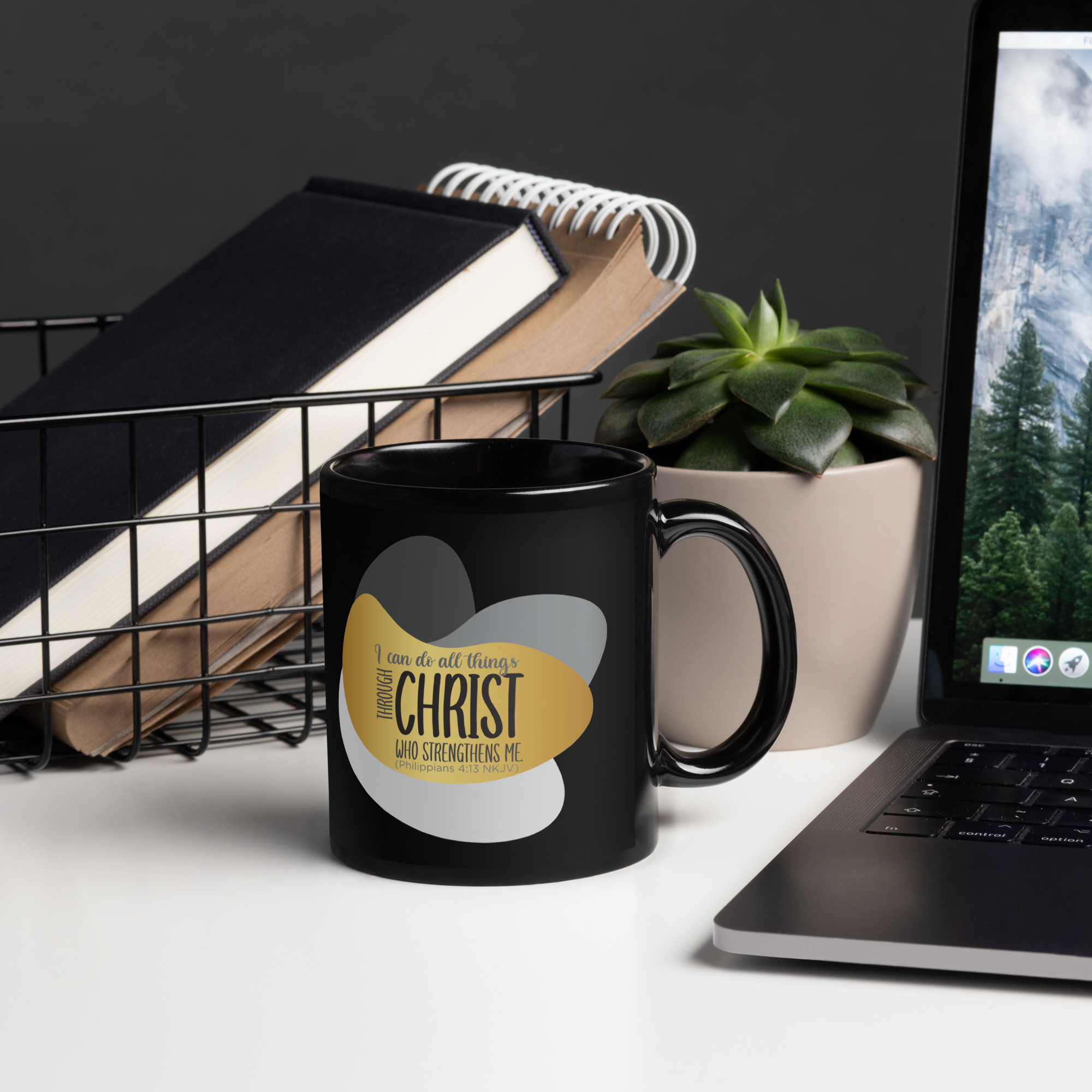 Empowered by Christ: Philippians 4:13 Black Glossy Mug (11 oz / 15 oz)