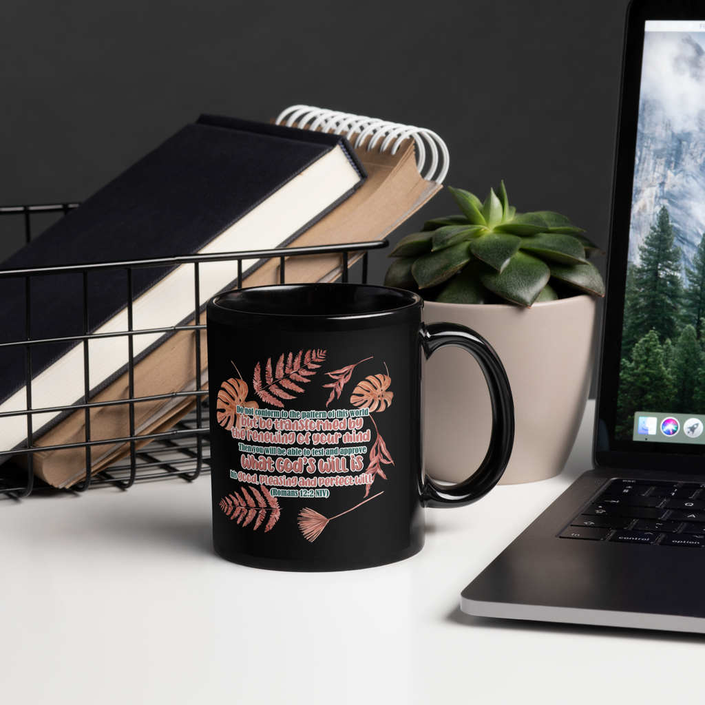 Renewed By The Spirit: Romans 12:2 Black Glossy Mug (11 oz / 15 oz)
