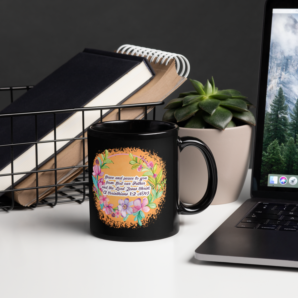 Grace & Peace Blooms: 2 Corinthians 1:2 Black Glossy Mug (11 oz / 15 oz)