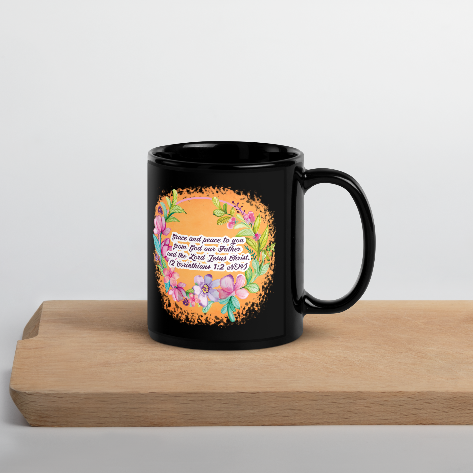 Grace & Peace Blooms: 2 Corinthians 1:2 Black Glossy Mug (11 oz / 15 oz)