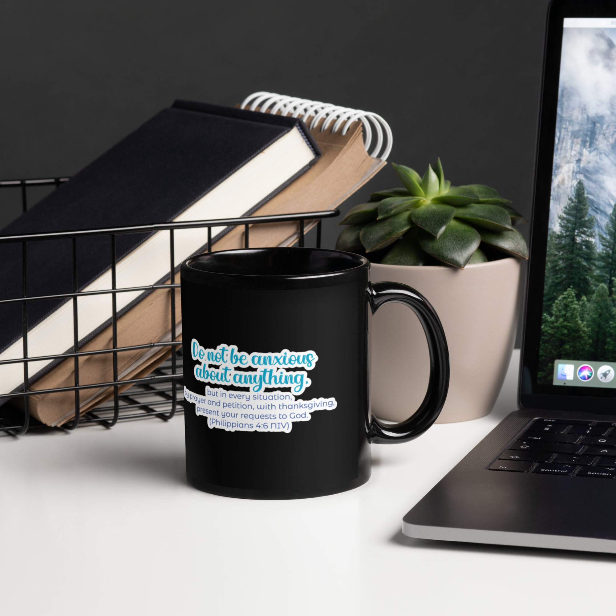 Prayer & Gratitude: Philippians 4:6 Black Glossy Mug (11 oz / 15 oz)