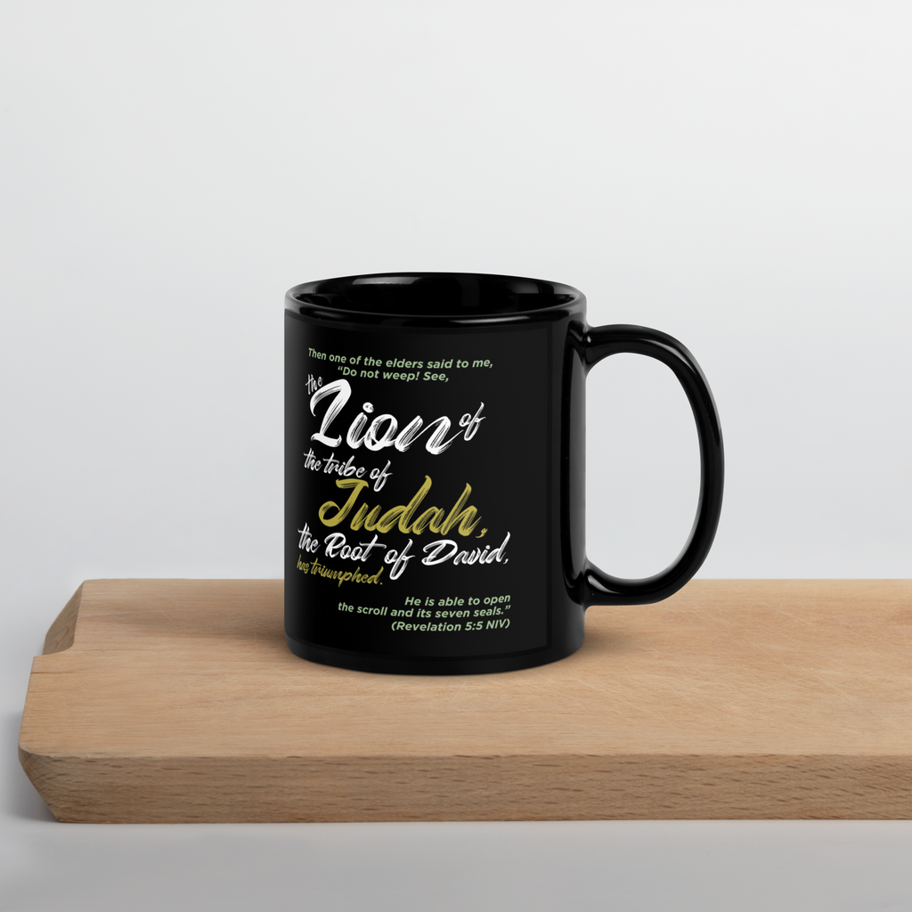 Lion of Judah & Root of David: Revelation 5:5 Black Glossy Mug (11 oz / 15 oz)