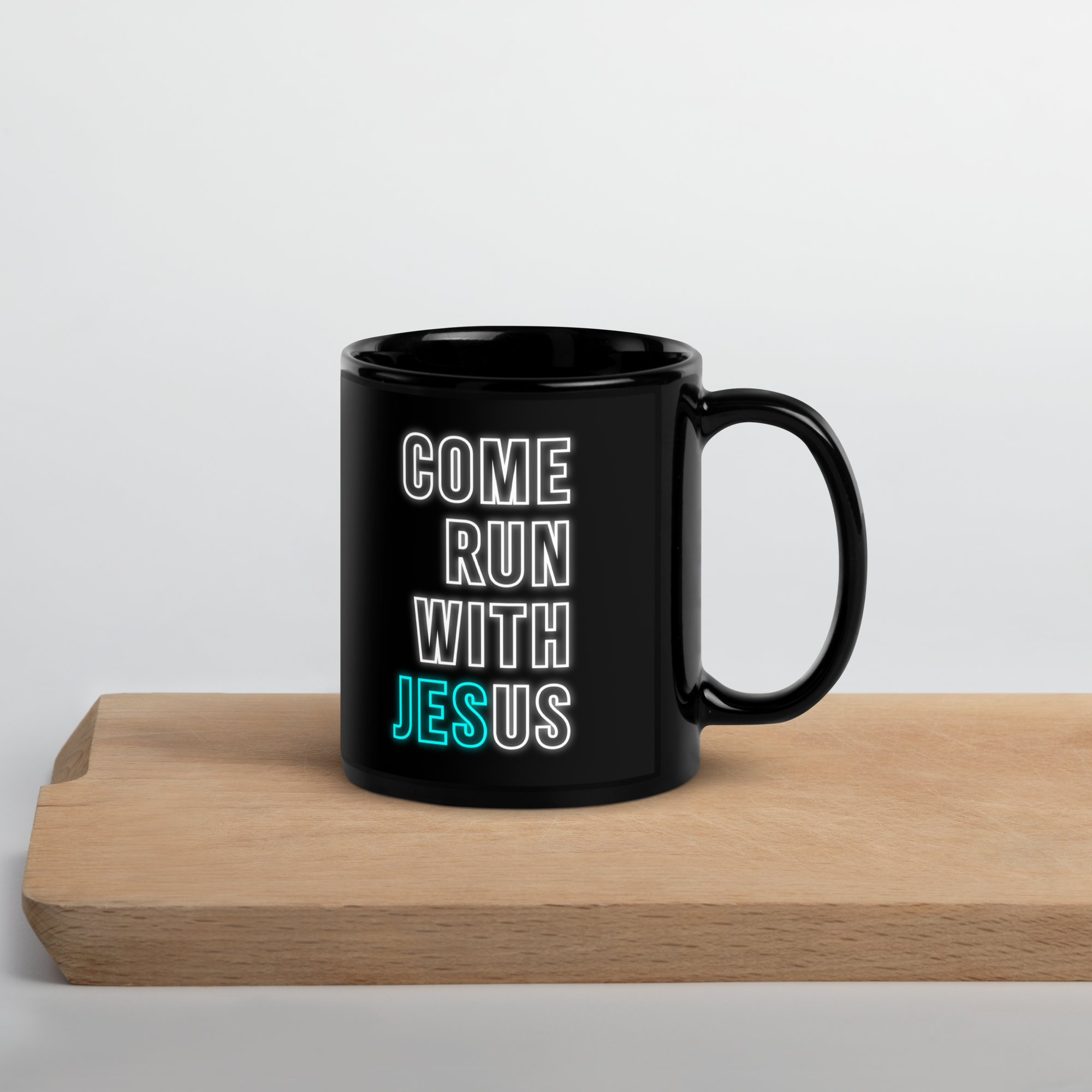 Come Run With Jesus Neon Blue Black Glossy Mug (11 oz / 15 oz)