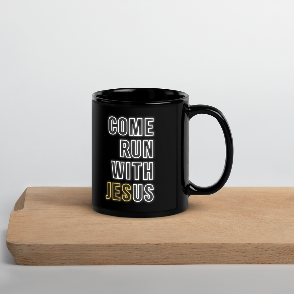 Come Run With Jesus Gold Black Glossy Mug (11 oz / 15 oz)