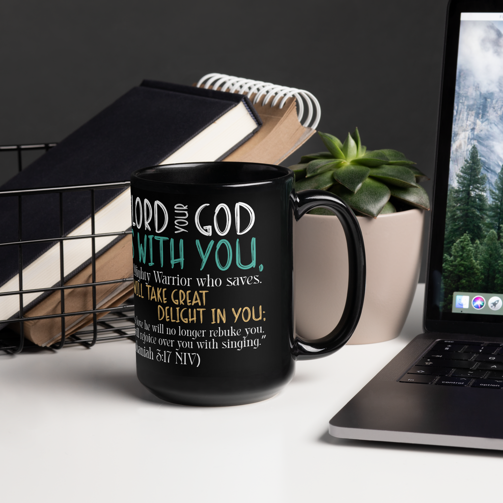 Rejoice in His Love: Zephaniah 3:17 Black Glossy Mug (11 oz / 15 oz)