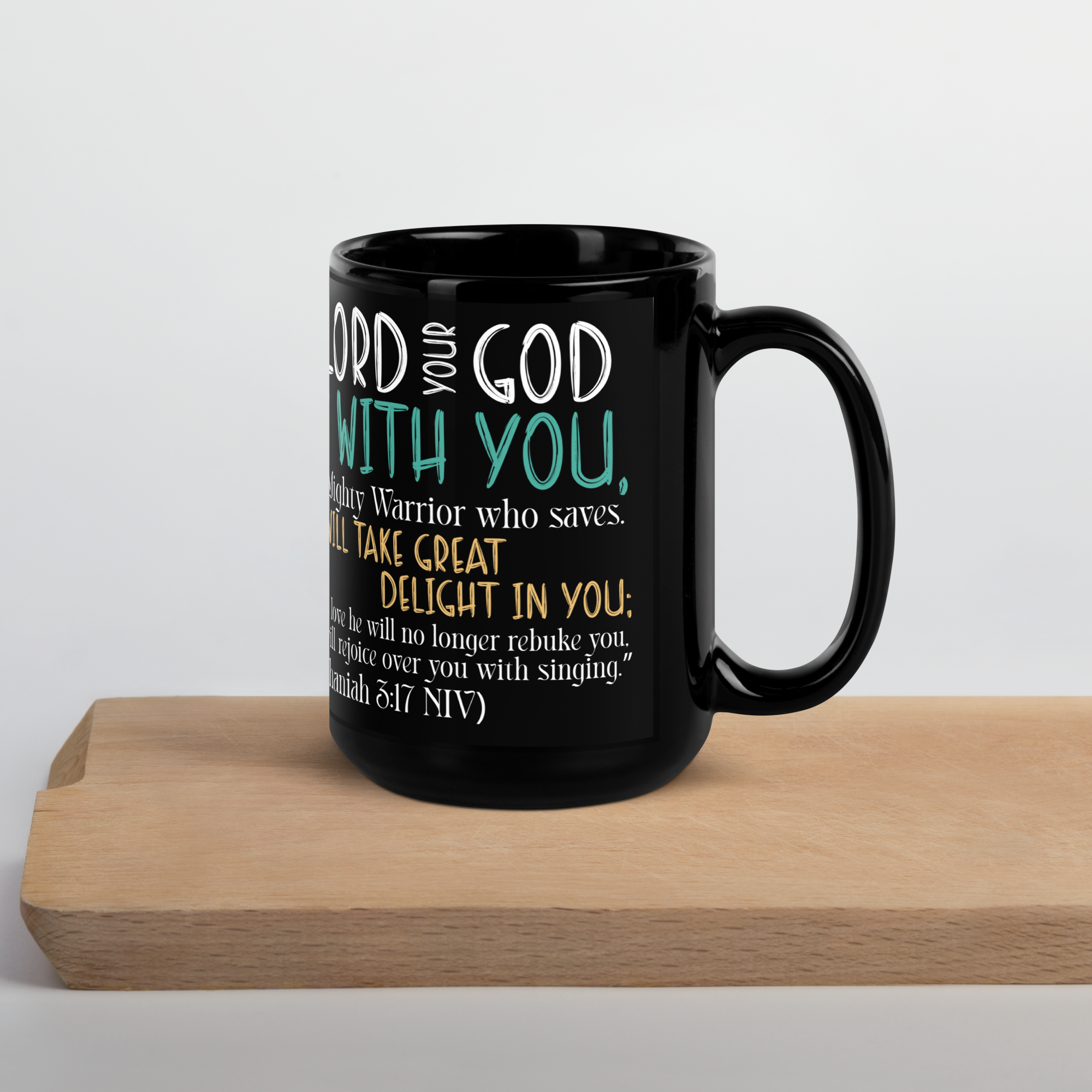 Rejoice in His Love: Zephaniah 3:17 Black Glossy Mug (11 oz / 15 oz)