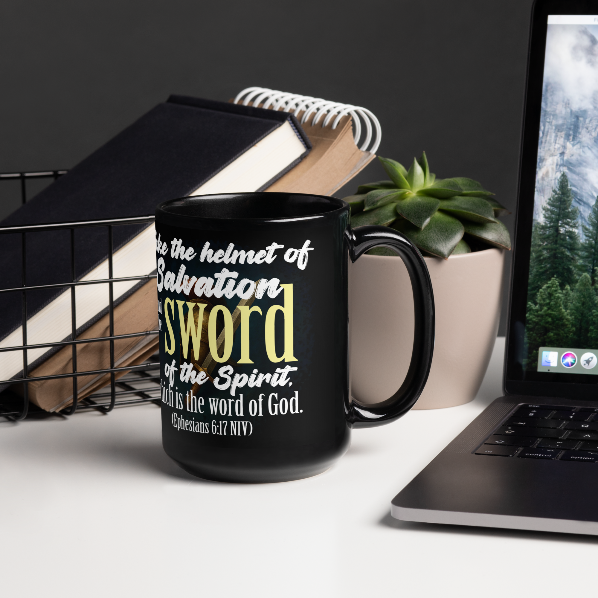 Sword & Salvation: Ephesians 6:17 Black Glossy Mug (11 oz / 15 oz)