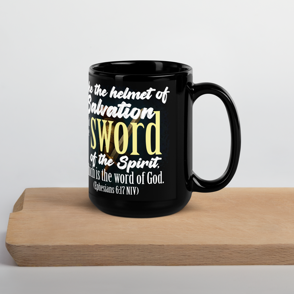 Sword & Salvation: Ephesians 6:17 Black Glossy Mug (11 oz / 15 oz)