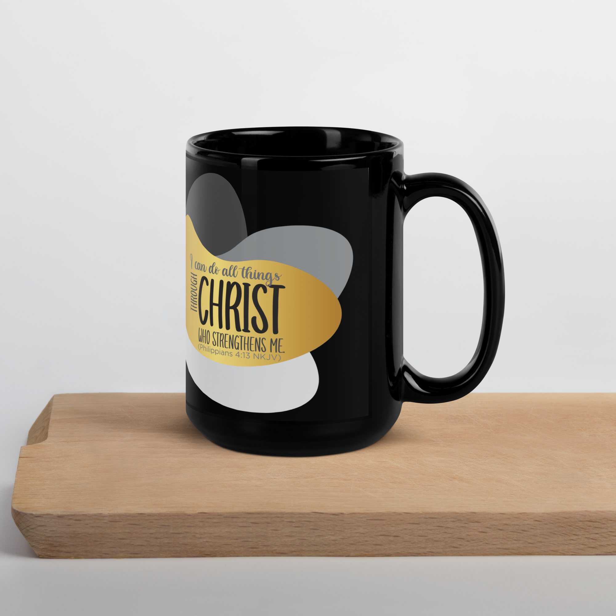 Empowered by Christ: Philippians 4:13 Black Glossy Mug (11 oz / 15 oz)