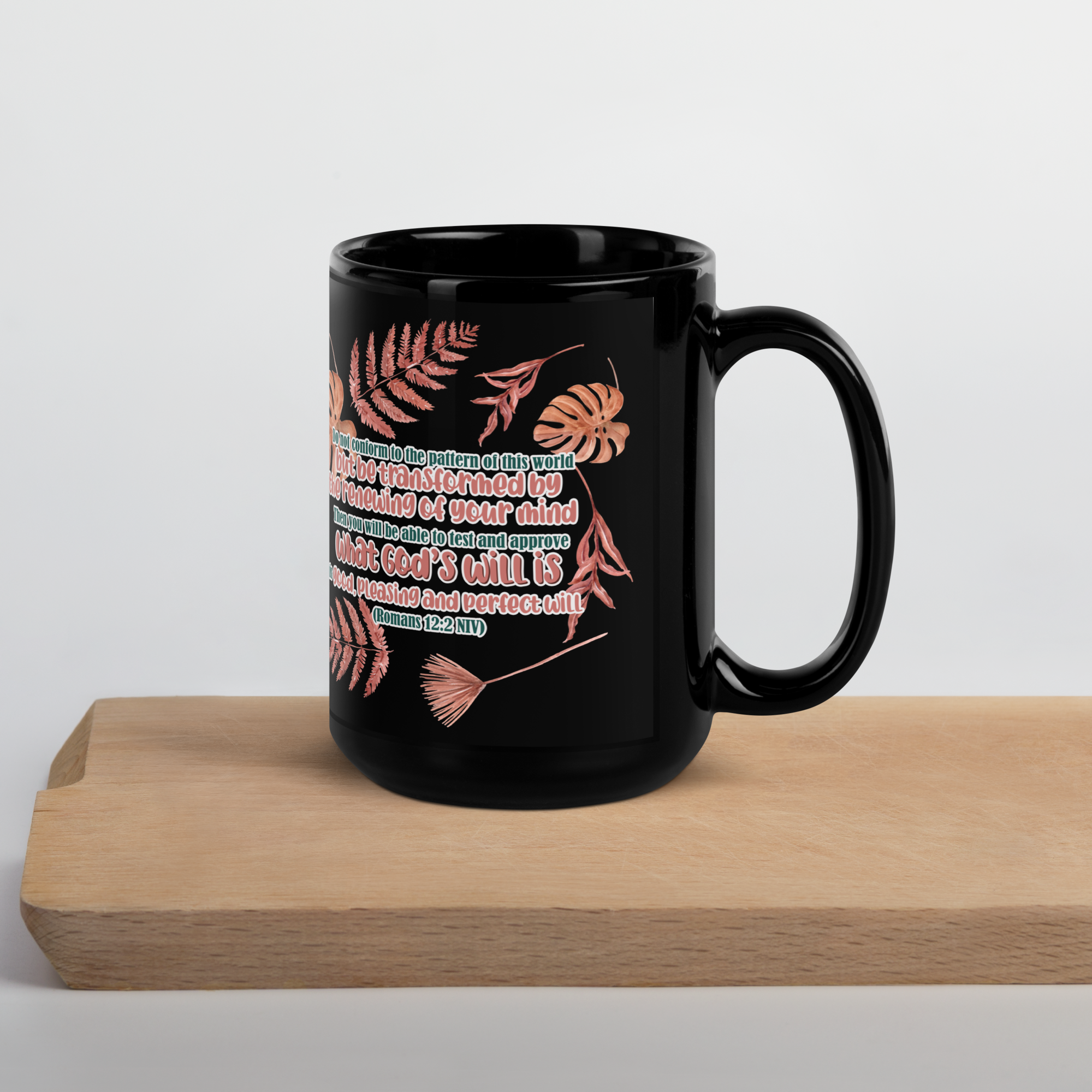 Renewed By The Spirit: Romans 12:2 Black Glossy Mug (11 oz / 15 oz)