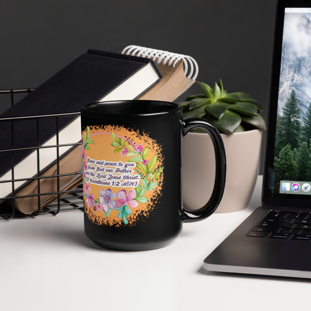 Grace & Peace Blooms: 2 Corinthians 1:2 Black Glossy Mug (11 oz / 15 oz)