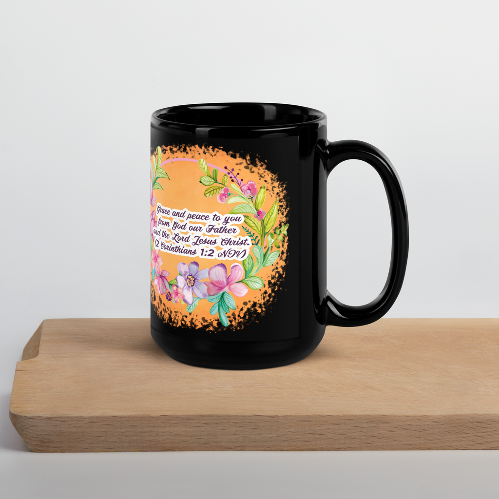 Grace & Peace Blooms: 2 Corinthians 1:2 Black Glossy Mug (11 oz / 15 oz)