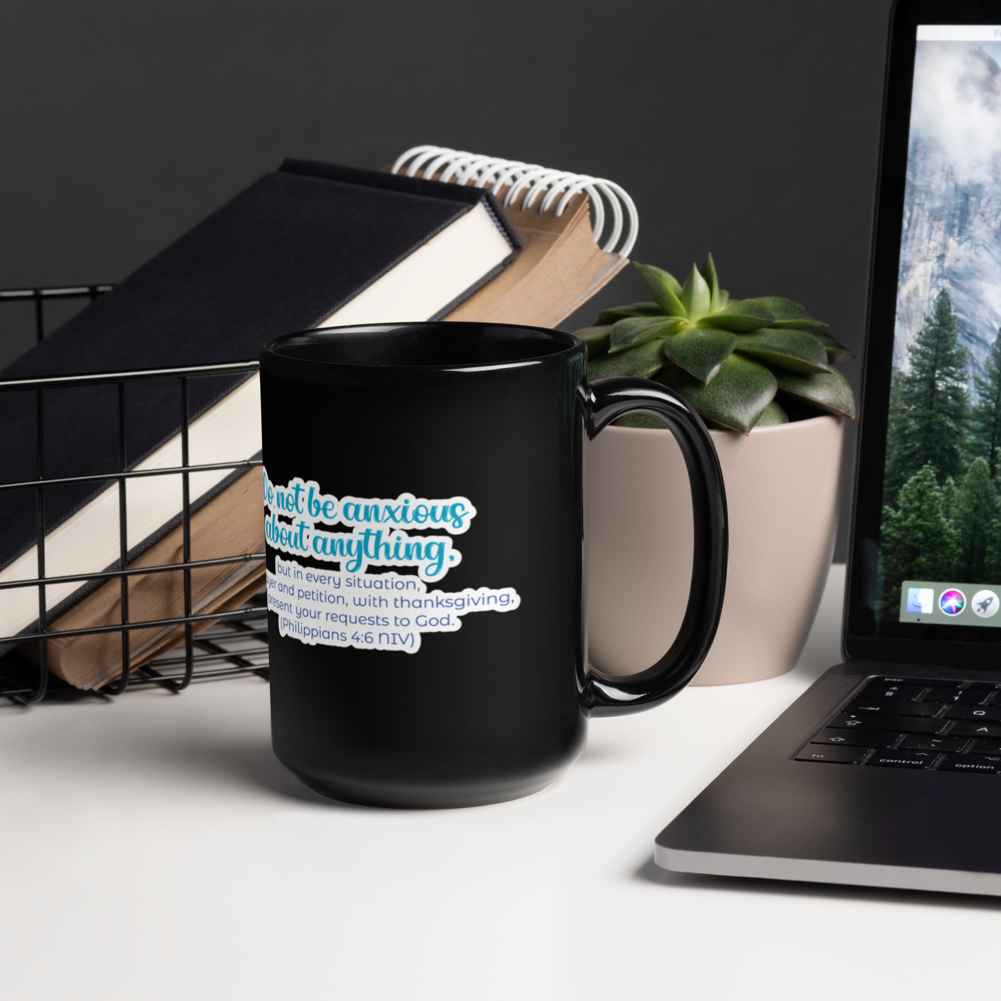 Prayer & Gratitude: Philippians 4:6 Black Glossy Mug (11 oz / 15 oz)