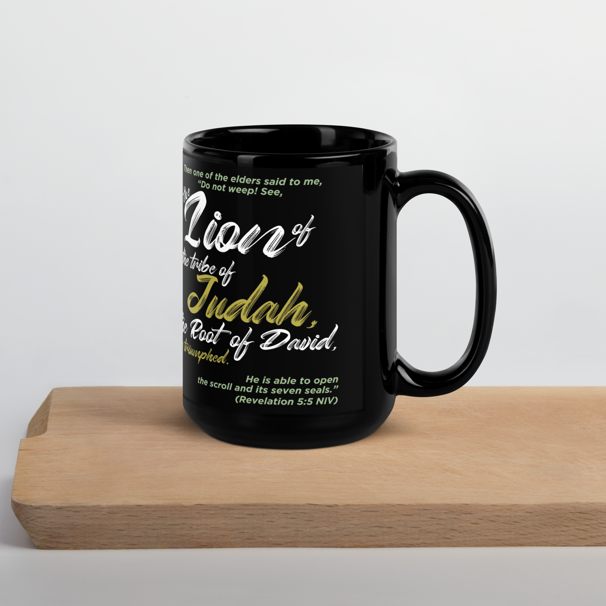 Lion of Judah & Root of David: Revelation 5:5 Black Glossy Mug (11 oz / 15 oz)