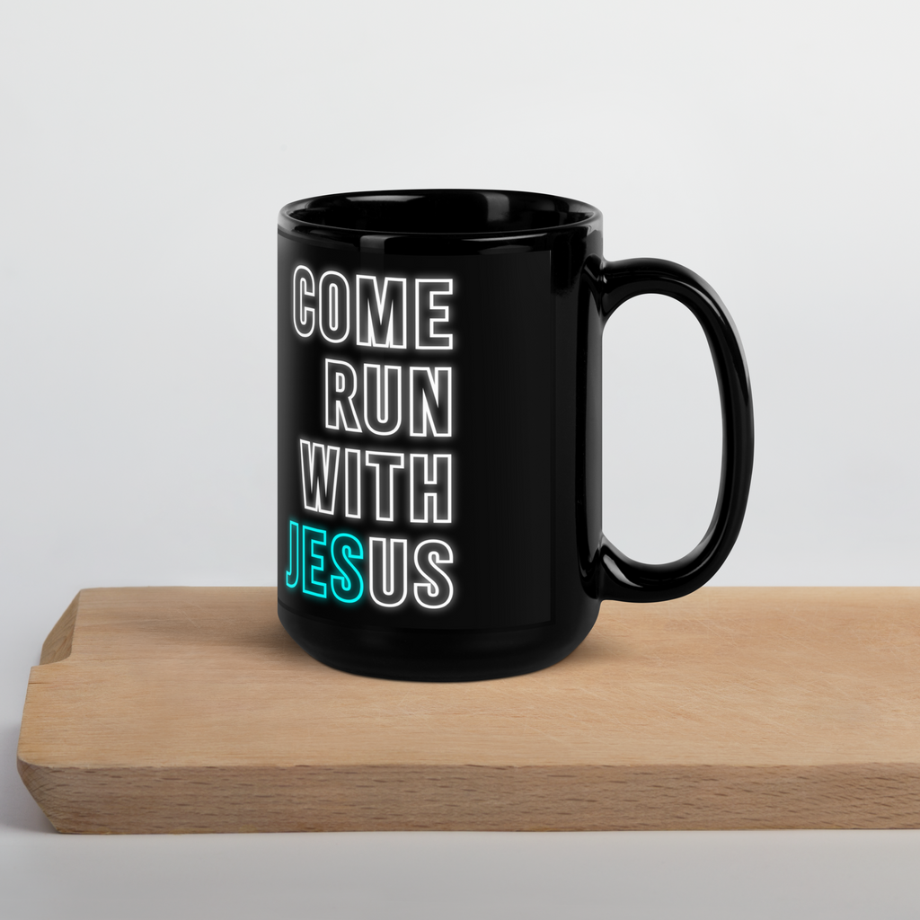 Come Run With Jesus Neon Blue Black Glossy Mug (11 oz / 15 oz)