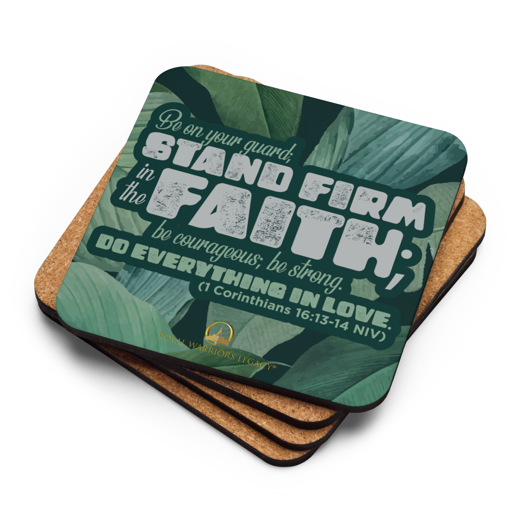 Stand Firm in Faith: 1 Corinthians 16:13-14 Cork-Back Coaster Set (1–6 pcs)