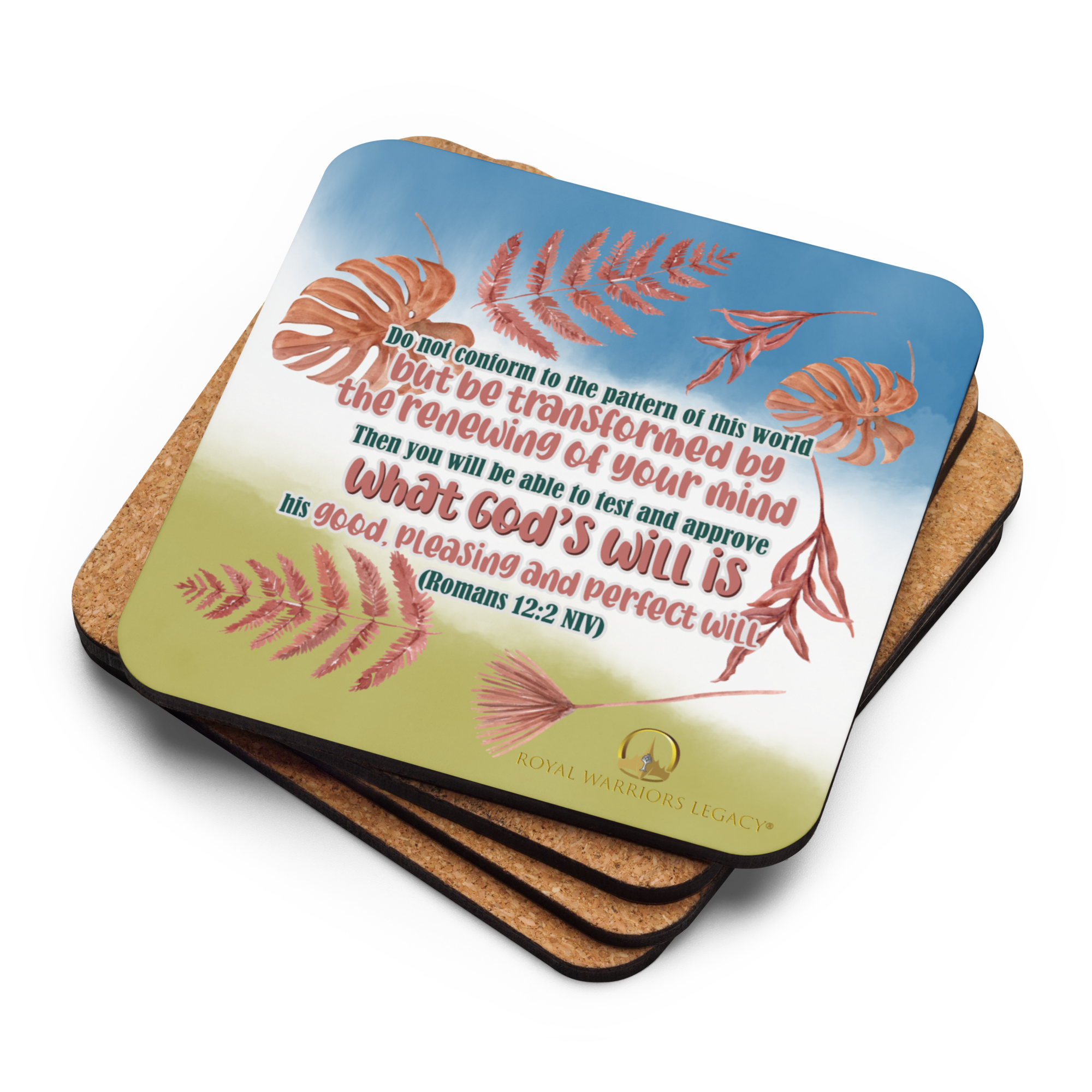 Renewed By The Spirit: Romans 12:2 Cork-Back Coaster Set (1–6 pcs)
