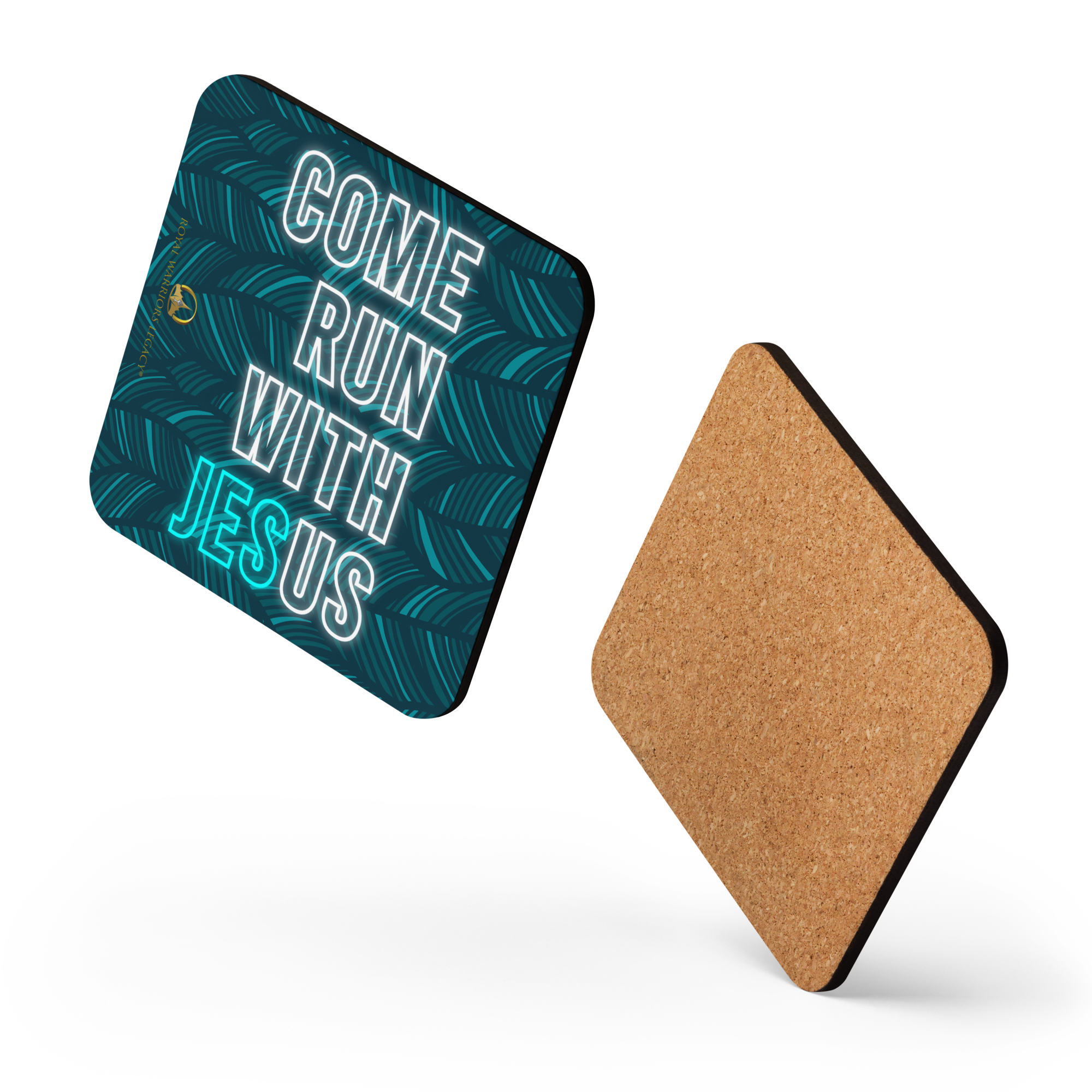 Come Run With Jesus Neon Blue Cork-Back Coaster Set (1–6 pcs)