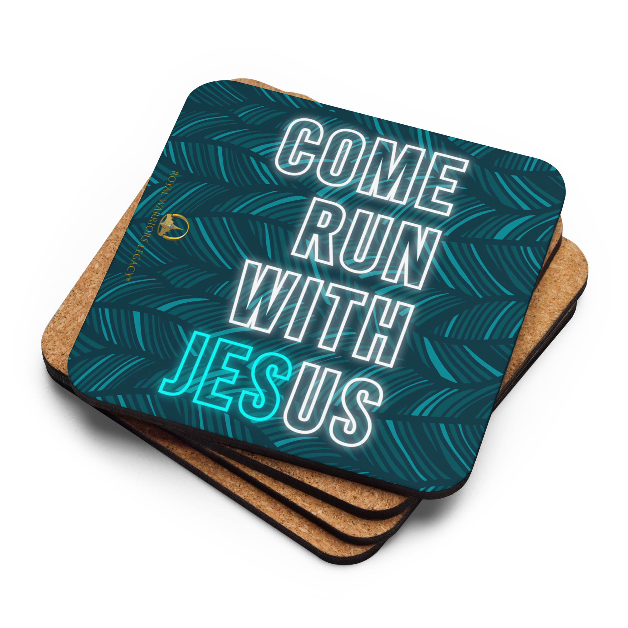 Come Run With Jesus Neon Blue Cork-Back Coaster Set (1–6 pcs)