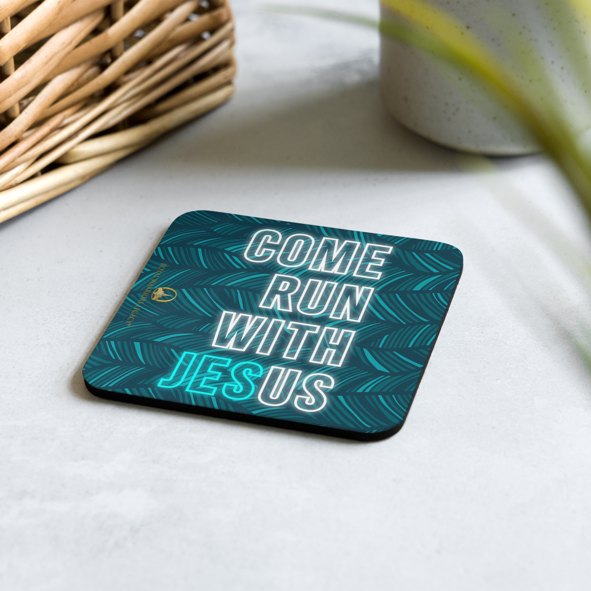 Come Run With Jesus Neon Blue Cork-Back Coaster Set (1–6 pcs)
