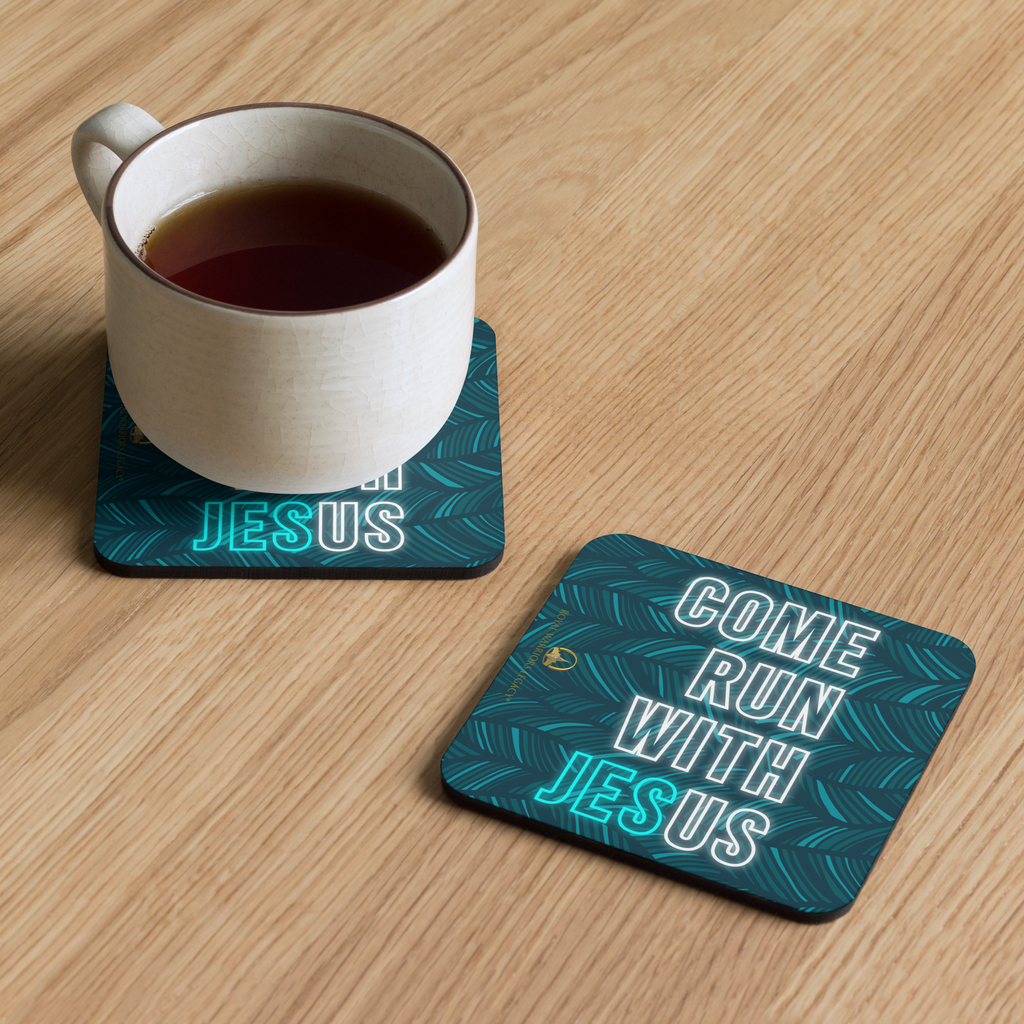 Come Run With Jesus Neon Blue Cork-Back Coaster Set (1–6 pcs)