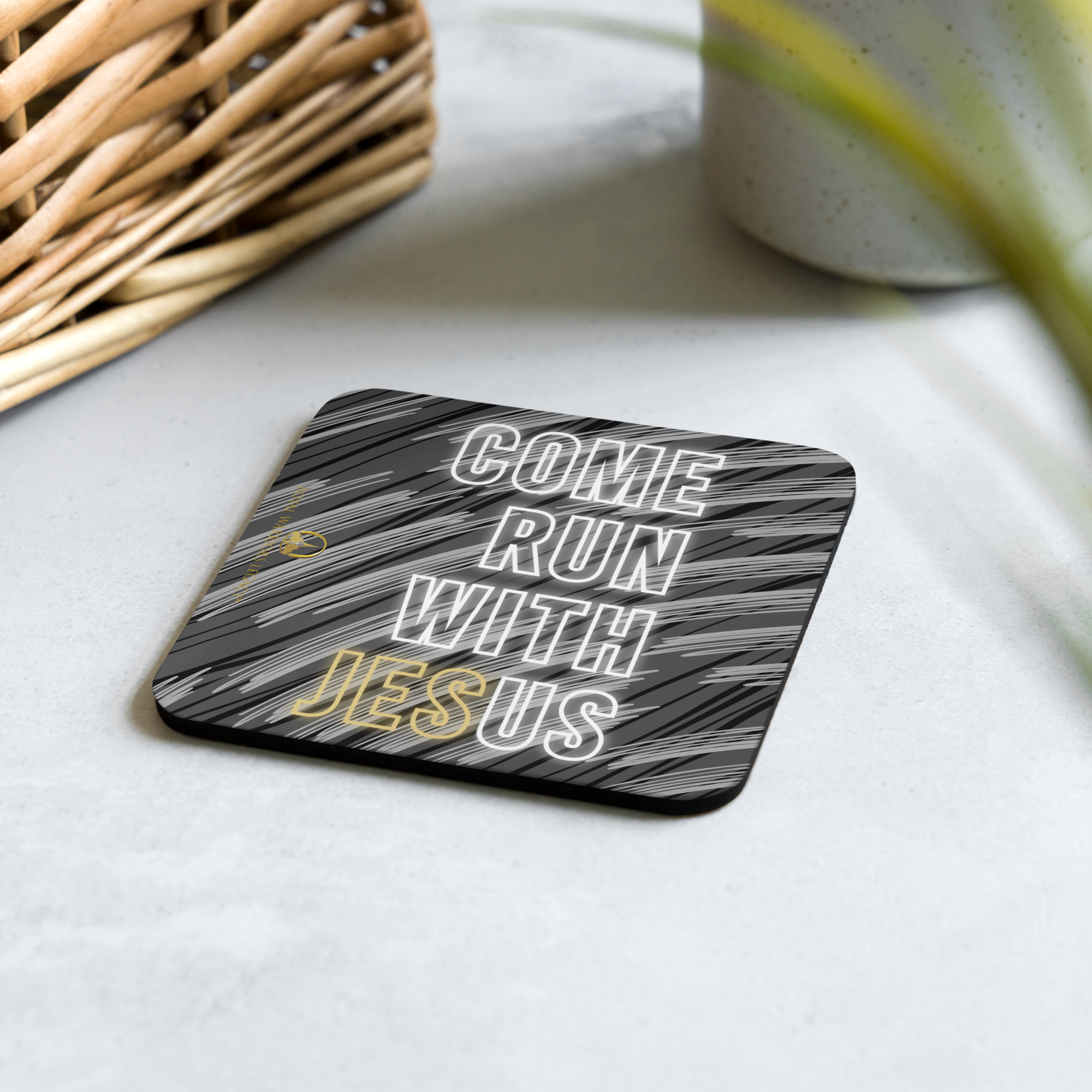 Come Run With Jesus Gold Cork-Back Coaster Set (1–6 pcs)