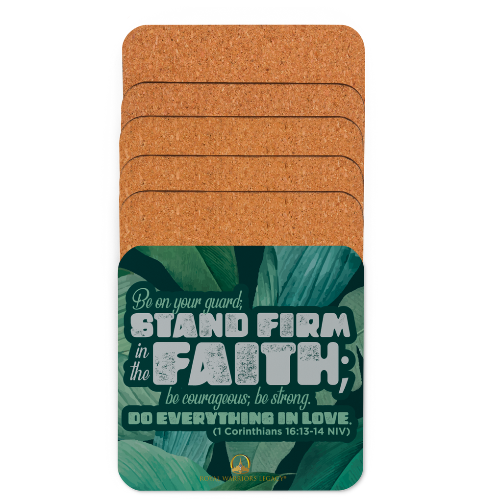 Stand Firm in Faith: 1 Corinthians 16:13-14 Cork-Back Coaster Set (1–6 pcs)