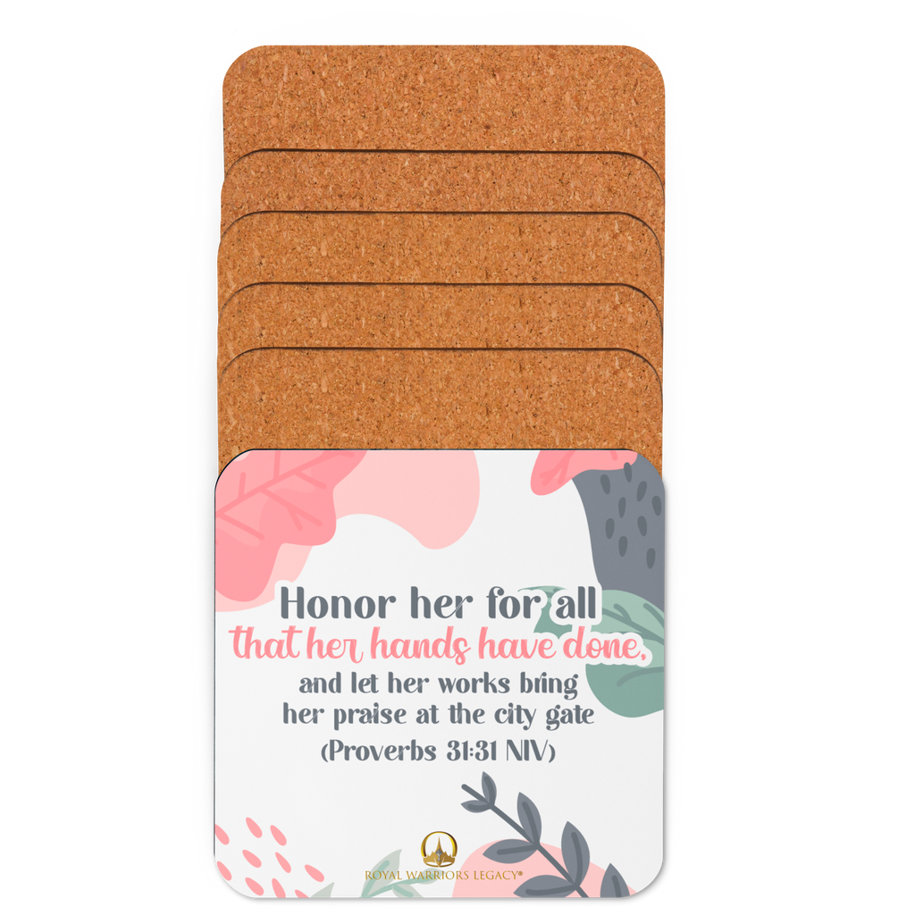 Fruitful Hands: Proverbs 31:31 Cork-Back Coaster Set (1–6 pcs)