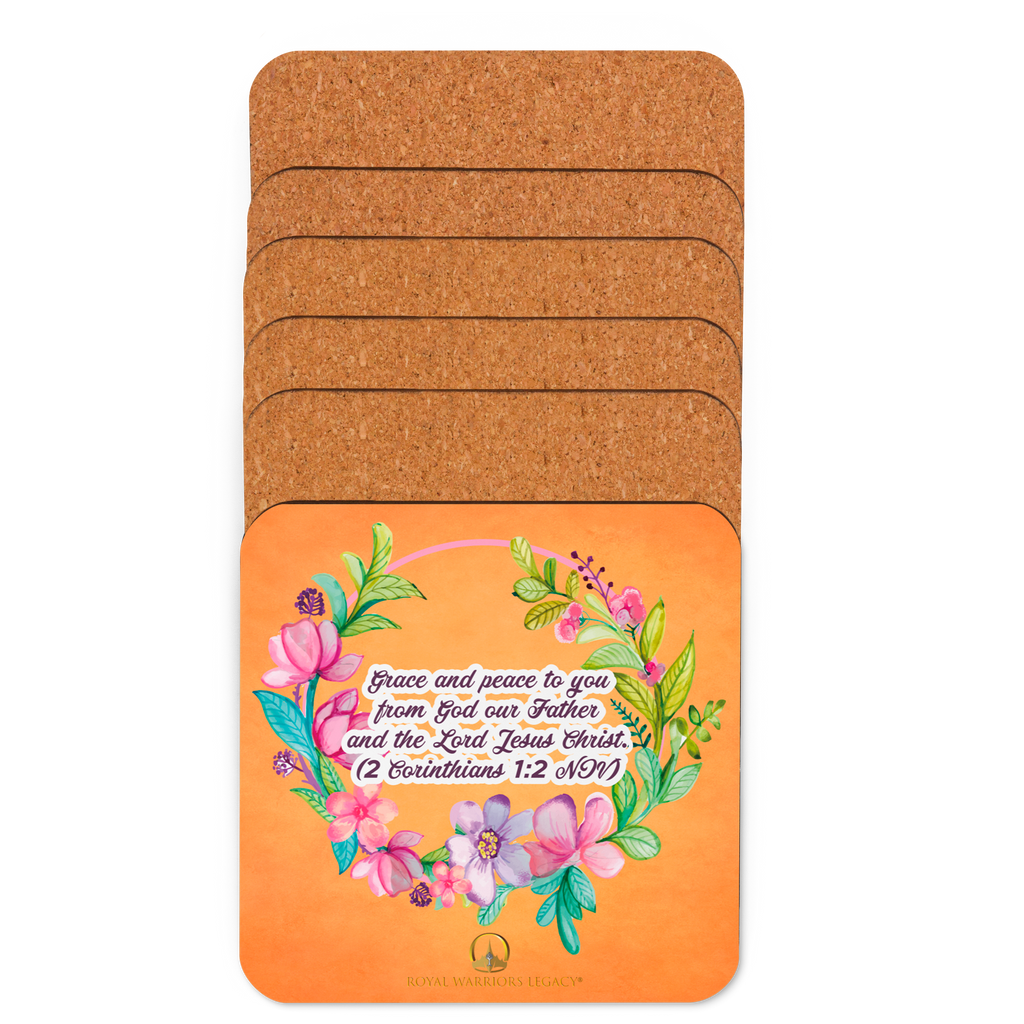 Grace & Peace Blooms: 2 Corinthians 1:2 Cork-Back Coaster Set (1–6 pcs)
