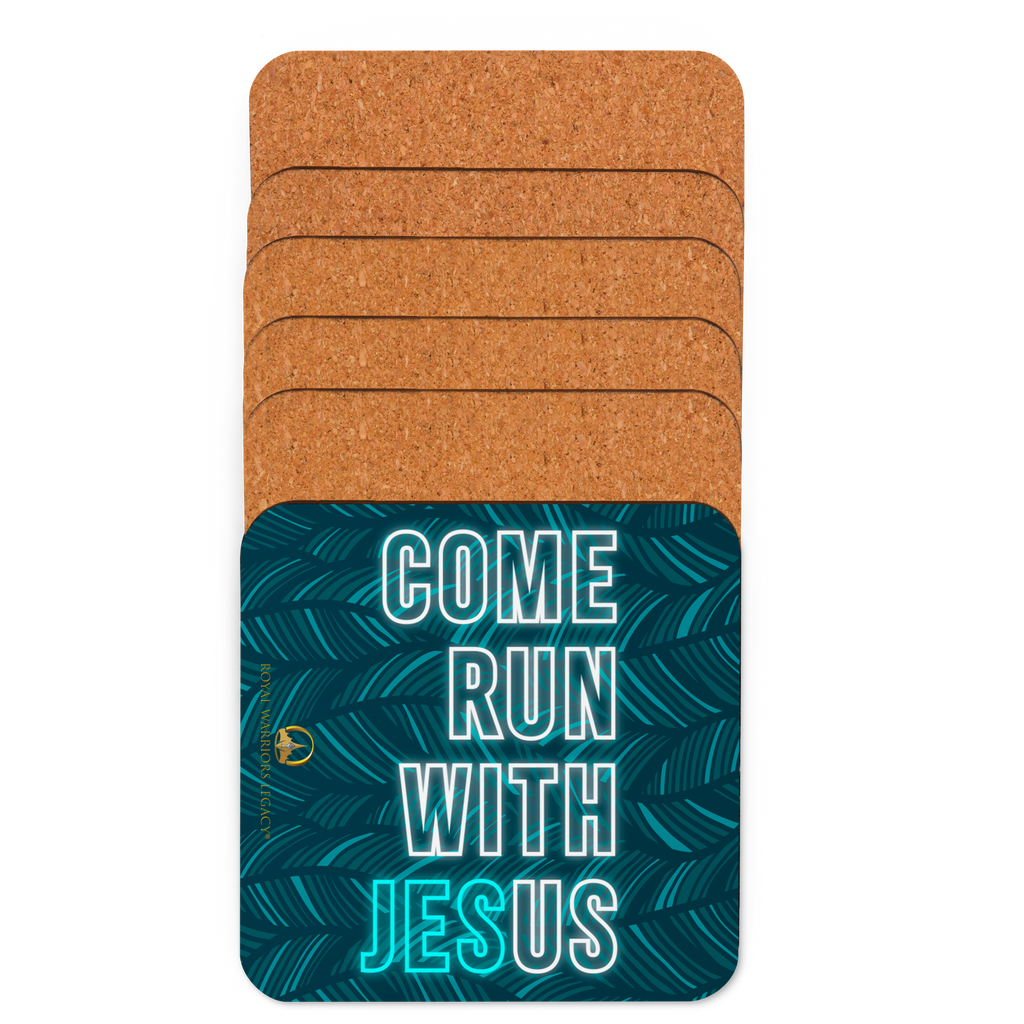 Come Run With Jesus Neon Blue Cork-Back Coaster Set (1–6 pcs)