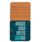 Come Run With Jesus Neon Blue Cork-Back Coaster Set (1–6 pcs)