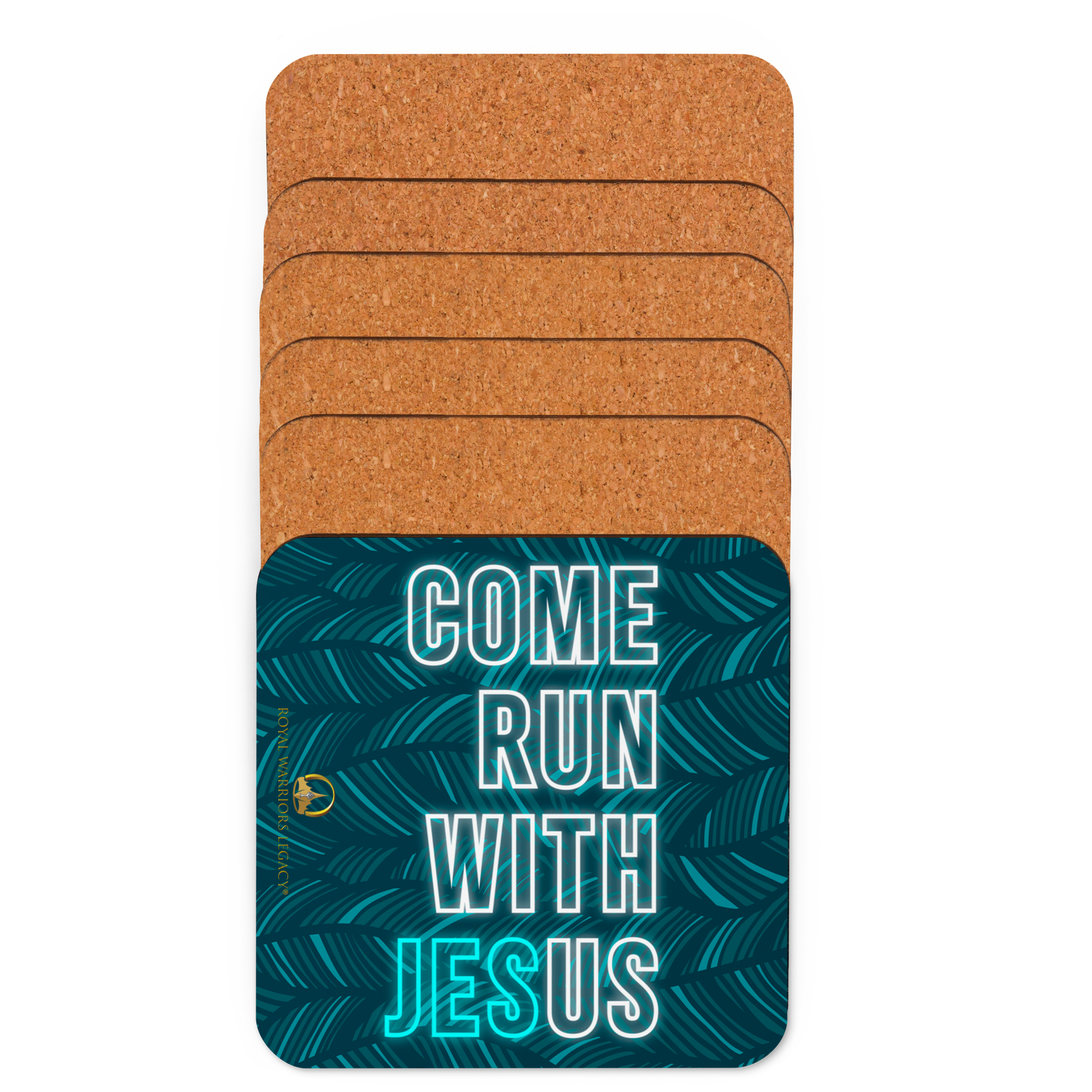 Come Run With Jesus Neon Blue Cork-Back Coaster Set (1–6 pcs)