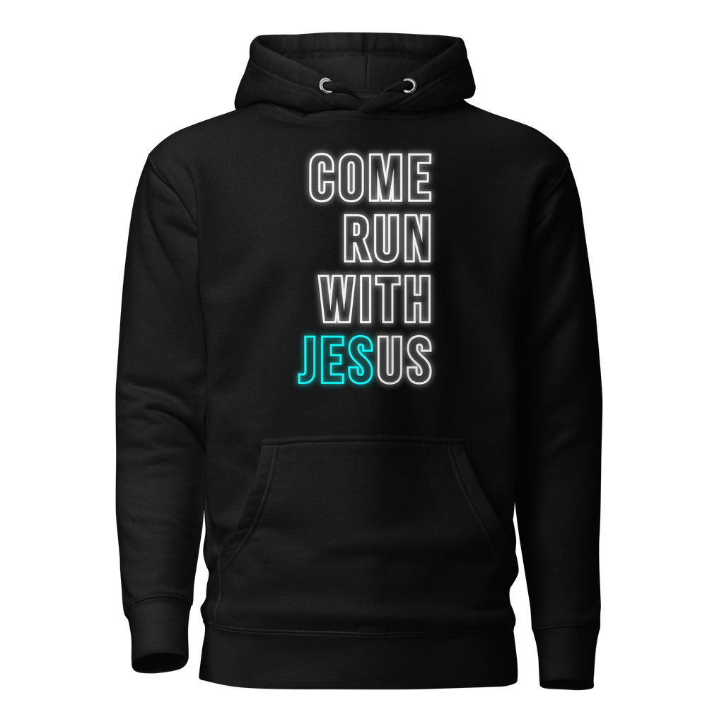 Come Run With Jesus Neon Blue Unisex Premium Hoodie