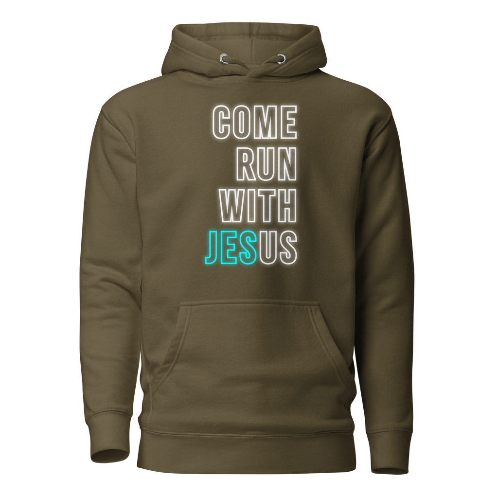 Come Run With Jesus Neon Blue Unisex Premium Hoodie