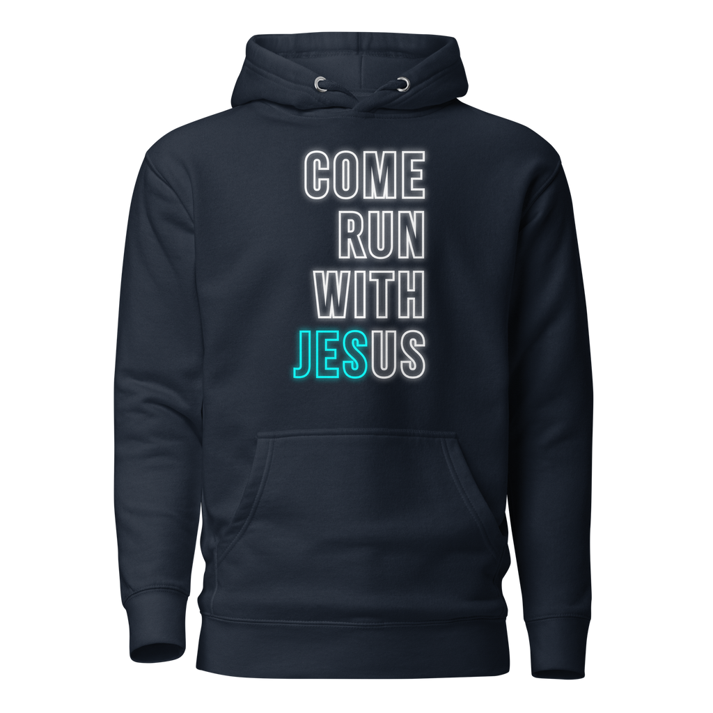 Come Run With Jesus Neon Blue Unisex Premium Hoodie