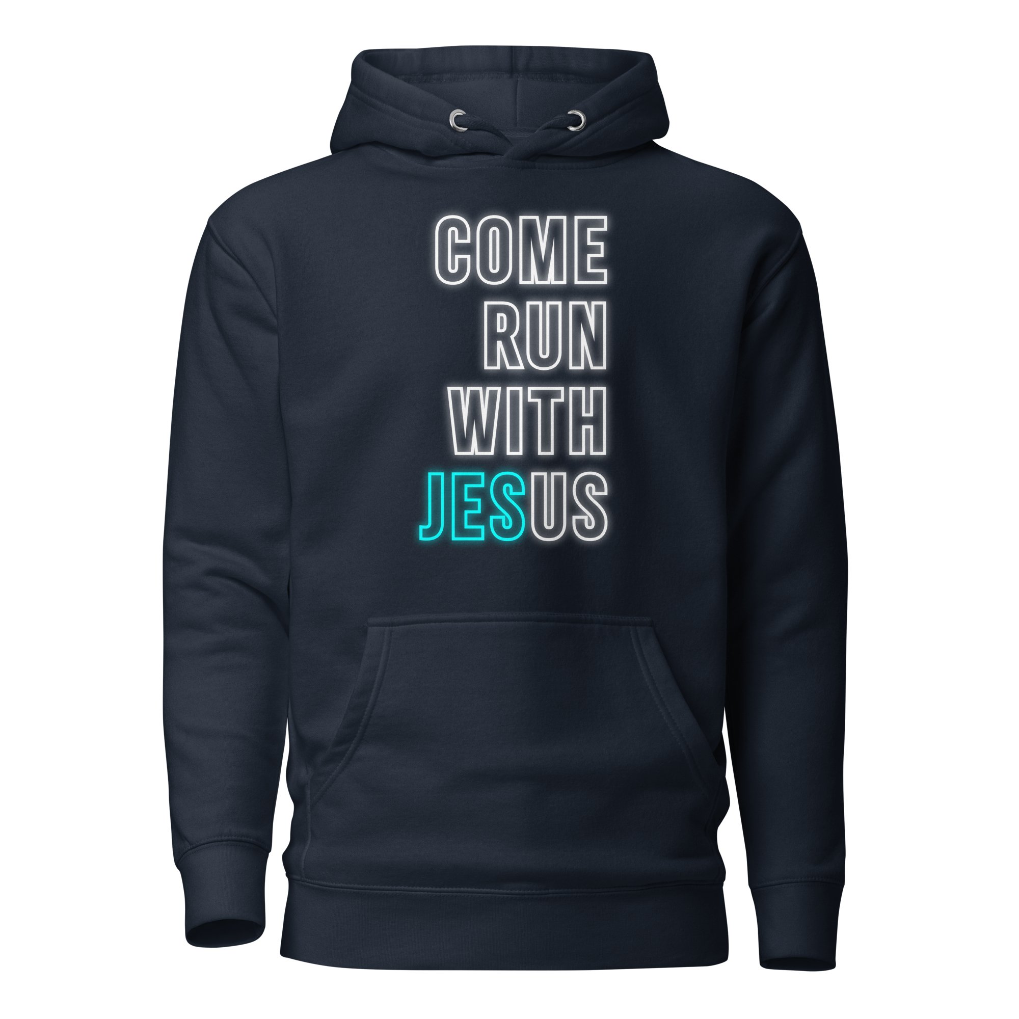 Come Run With Jesus Neon Blue Unisex Premium Hoodie