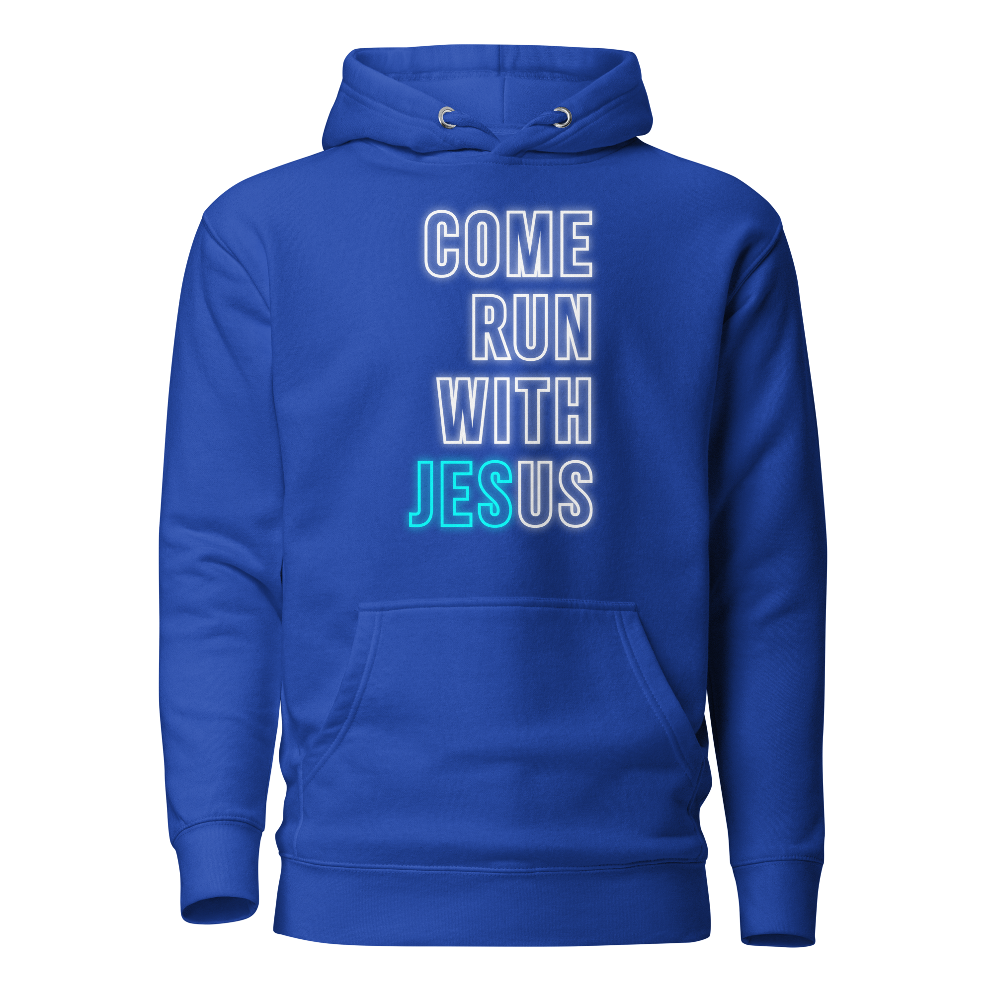 Come Run With Jesus Neon Blue Unisex Premium Hoodie