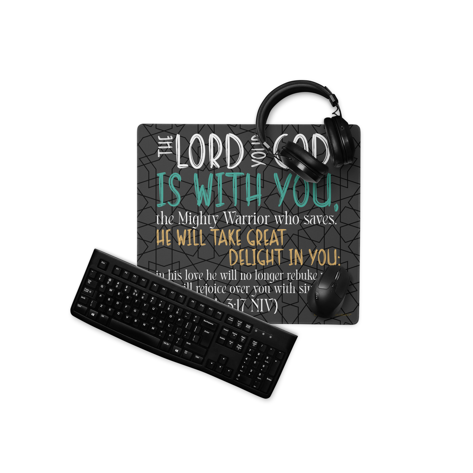 Rejoice in His Love: Zephaniah 3:17 Gaming Mouse Pad (18″×16″ / 36″×18″)